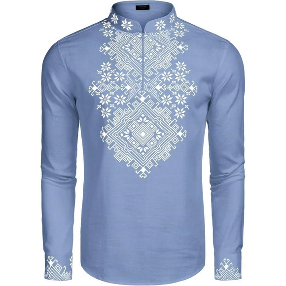 Men's Blue Shirt Long Sleeve Floral Print Casual Cotton Beach Hippie T Shirt - Picture 7 of 7